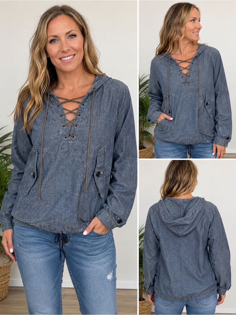 Denim & Supply Ralph Lauren Lace-Up Chambray Hoodie | Size SP